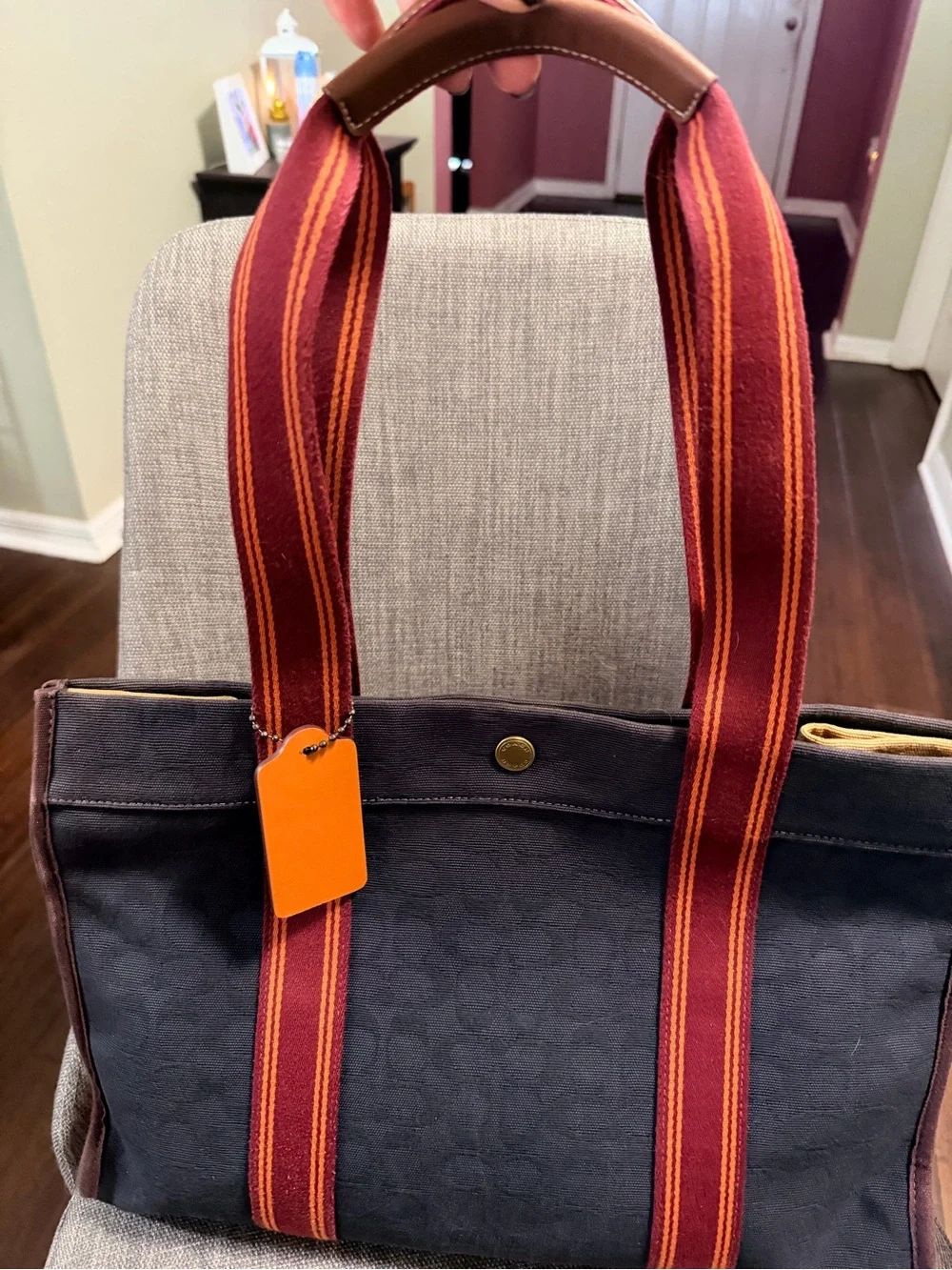 Coach Black Canvas Tote with Burgundy and Orange Straps with leather trim